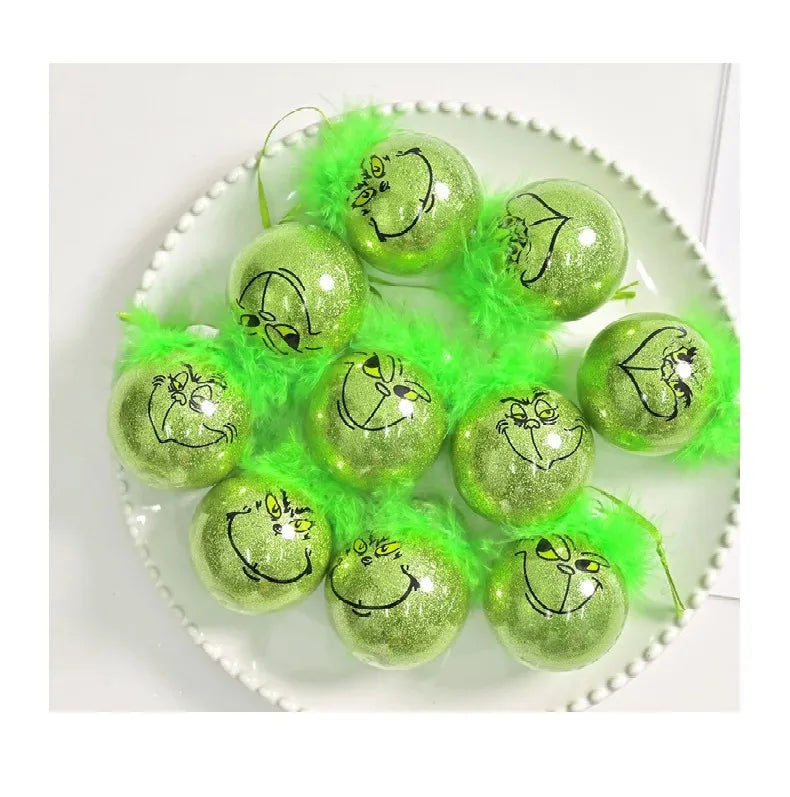 12pcs Grinch Cat Face Christmas Ball Ornaments: 6cm Green Carnival Fruit Pendant Tree Decorations for Holiday Festivities