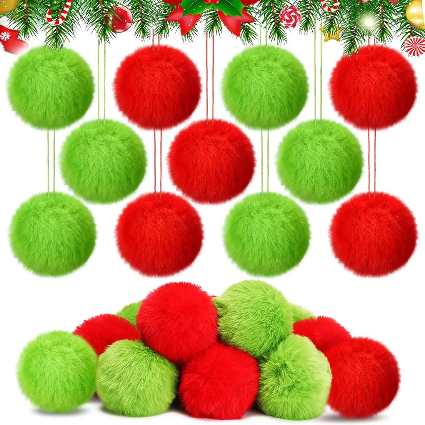 12 Pcs Furry Green Christmas Ball Ornaments: Cute Elf Christmas Decorations with Red Bow for Holiday Tree Decor