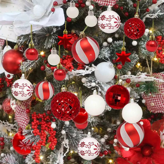 44PCS Red and White Christmas Tree Hanging Baubles: Festive Ornament Set for Holiday Party Décor and Xmas Decorations