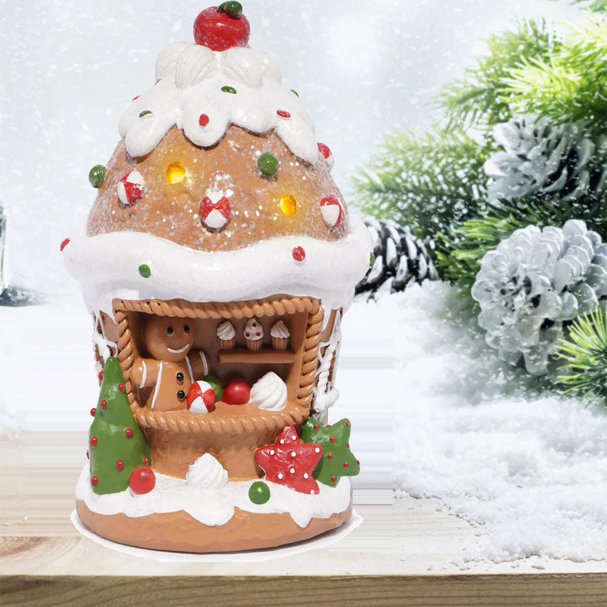 Gingerbread House Decoration with Ice Cream Design: LED Lighted Christmas Village Houses for Indoor Home Décor