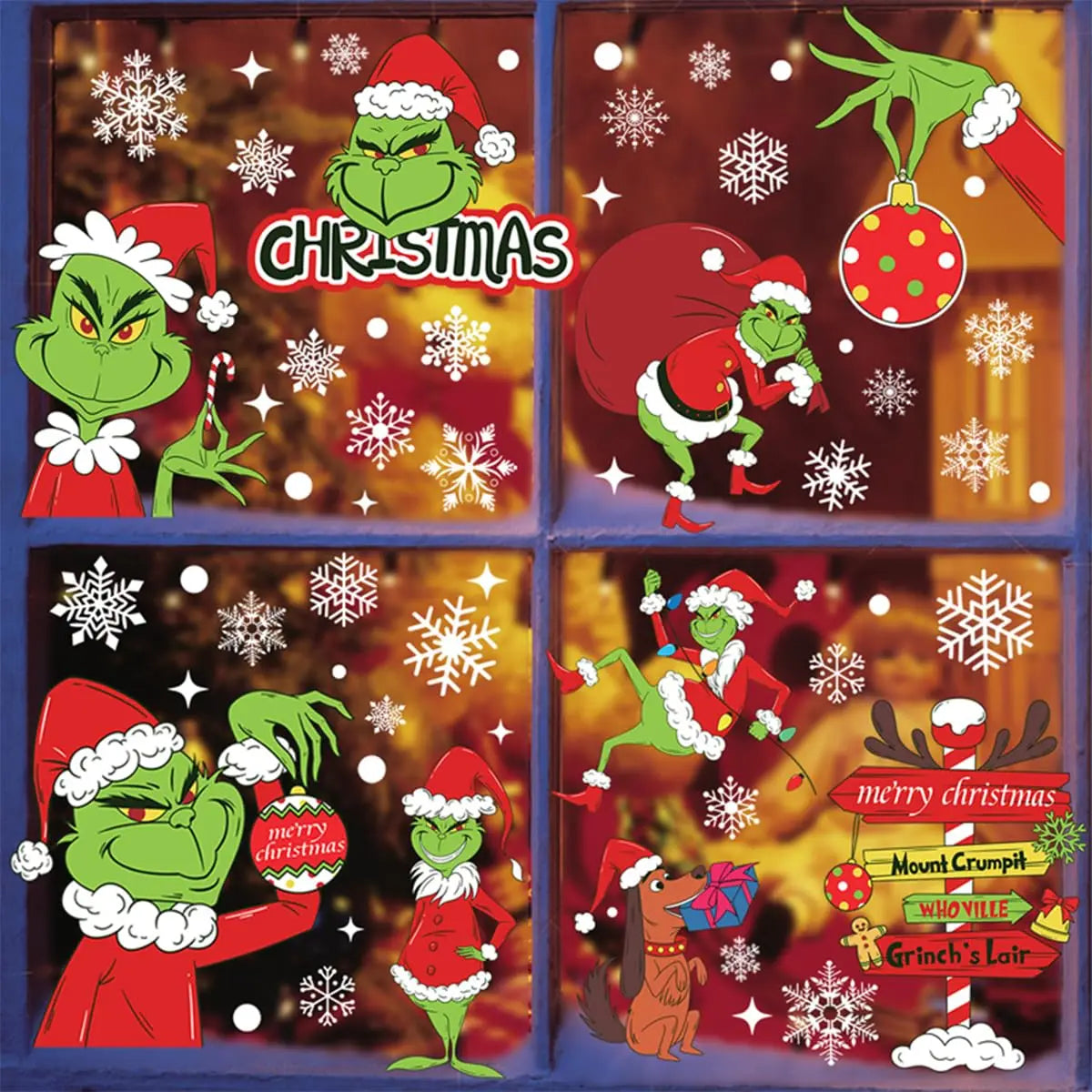 9 Sheets Grinch Window Stickers for Glass: Double-Sided Christmas Décor for Home, School & Office