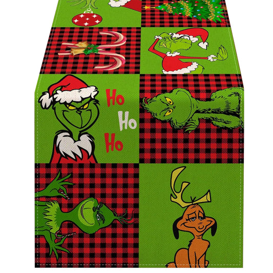 Grinch Theme Plaid Christmas Trees  Table Runner: Festive Holiday Décor for Kitchen and Dining Table