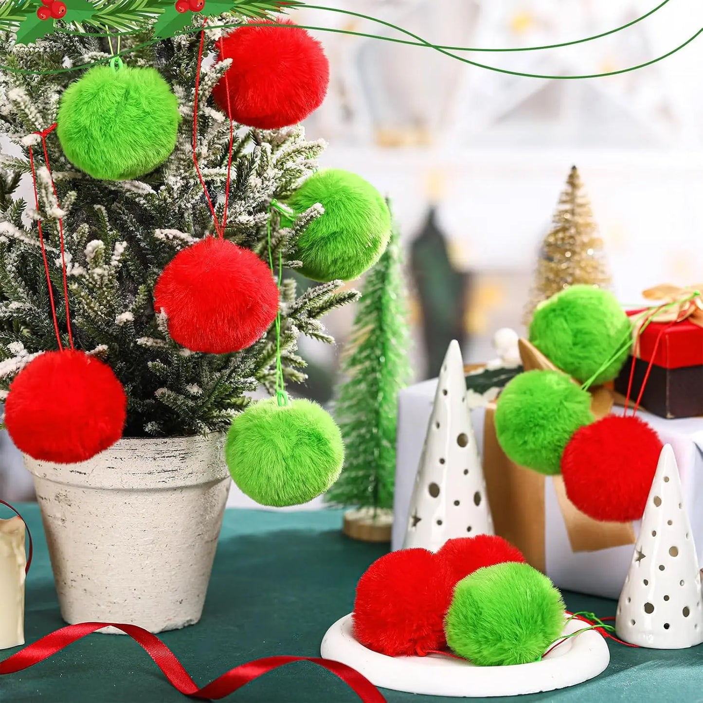 12 Pcs Furry Green Christmas Ball Ornaments: Cute Elf Christmas Decorations with Red Bow for Holiday Tree Decor