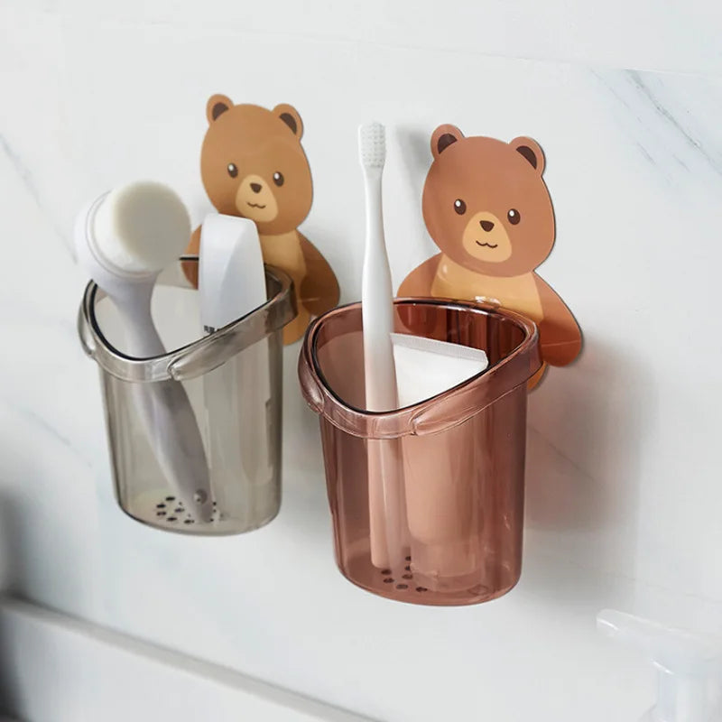 1PCS Teddy Bear Wall-Mounted Toothbrush Holder Cup – Punch-Free Storage Rack for Bathroom Accessories