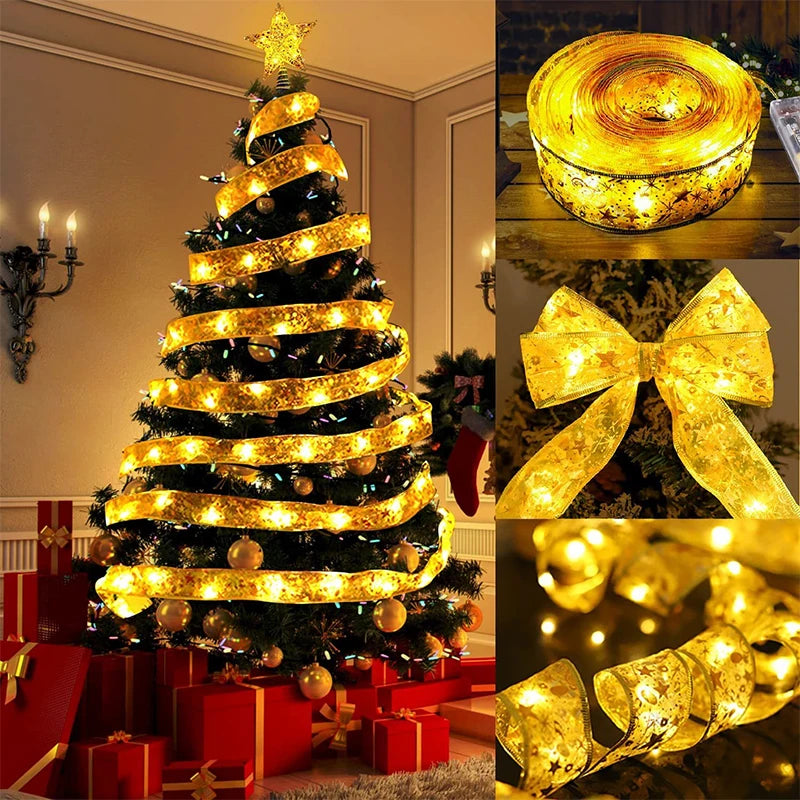 Christmas Ribbon Fairy Light String – 1M-10M Garland Lights for Tree & Home Decor, Festive Ornament for New Year 2025