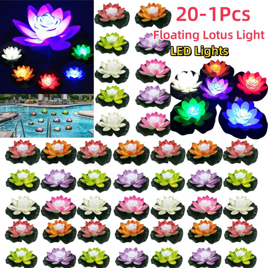 20-1Pcs Energy Saving Solar Powered Lamp Night Light LED 18cm Artifical Floating Lotus Garden Pool Pond Fountain Decoration