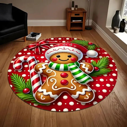 Christmas Gingerbread Round Rugs: Plush Non-Slip Washable Doormat for Children's Room & Holiday Décor