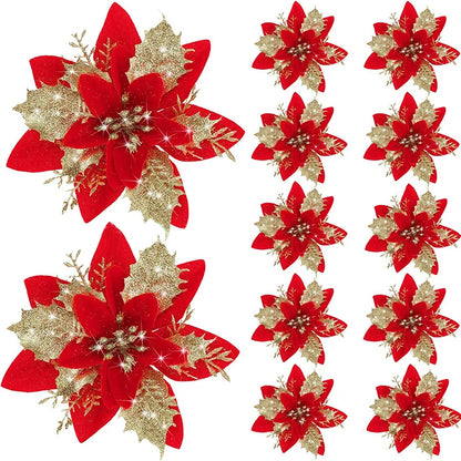 Glitter Artificial Christmas Flowers – 1, 5, or 10pcs, Christmas Tree Decorations, New Year Ornaments, Xmas Fake Flowers