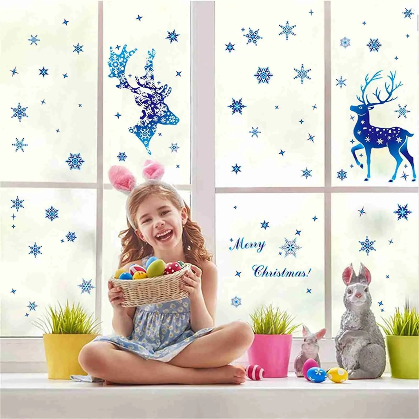 2024 Christmas Snowflake & Elk Window Clings – Blue Festive Stickers for Glass, Window, & Wall Holiday Décor