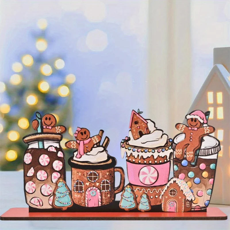 Christmas Gingerbread Coffee Wooden Desktop Ornament – Versatile Home Decor for Christmas Parties & Bookshelves