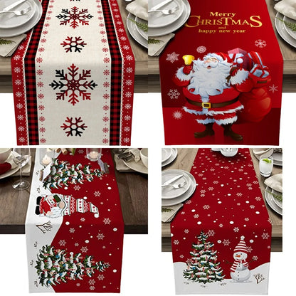 Festive Christmas Table Flag: Linen Print Snowman & Santa Design for Holiday Decor, Durable Polyester Table Mat