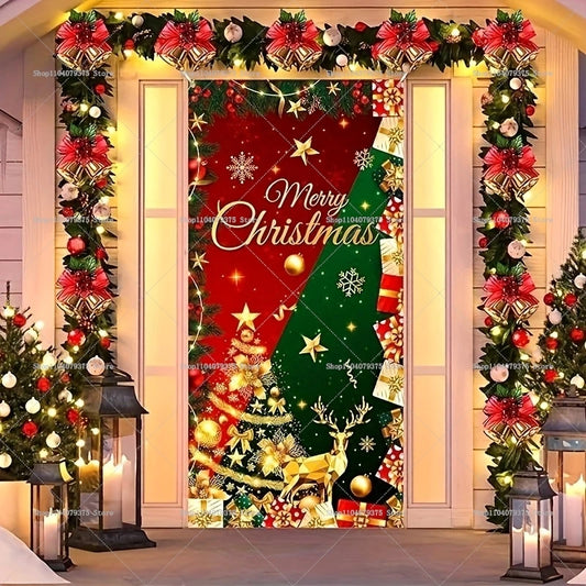 Christmas Door Photography Background – Festive Christmas Tree Photo Booth Props for Holiday Party, Gifts & Seasonal Decorations