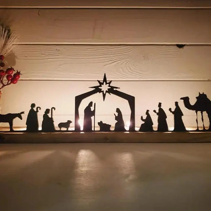 Nativity Scene Tealight Holder: Metal Silhouette & Wooden Candle Holder for Christmas Décor