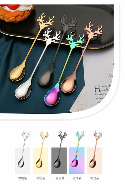 4PCS Christmas Elk Head Stainless Steel Coffee Spoons – Festive Table Decor & Holiday Gifts