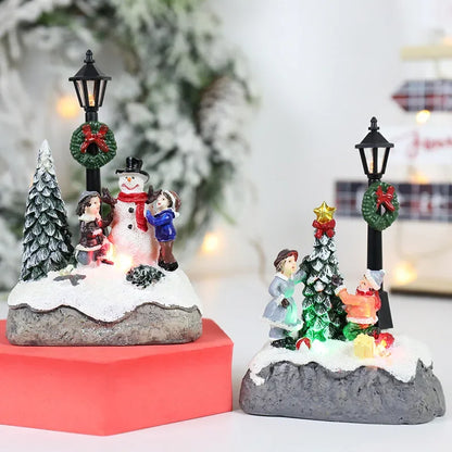 LED Christmas Village Ornaments – Santa Claus, Pine Needles, & Snow Micro Landscape Resin Figurines for Holiday Décor