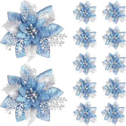 Glitter Artificial Christmas Flowers – 1, 5, or 10pcs, Christmas Tree Decorations, New Year Ornaments, Xmas Fake Flowers