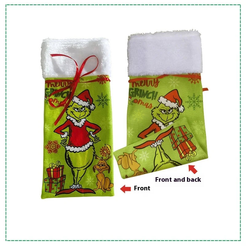 Green Shaggy Christmas Figure Set – Stockings, Tree Skirt, Table Flag & Chair Decorations