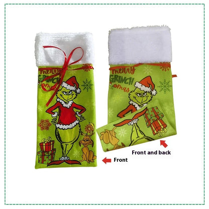 Green Shaggy Christmas Figure Set – Stockings, Tree Skirt, Table Flag & Chair Decorations