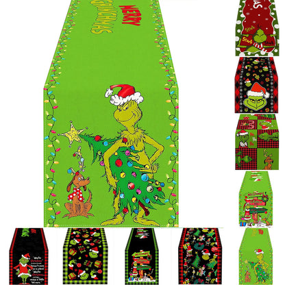 Grinch Theme Plaid Christmas Trees  Table Runner: Festive Holiday Décor for Kitchen and Dining Table