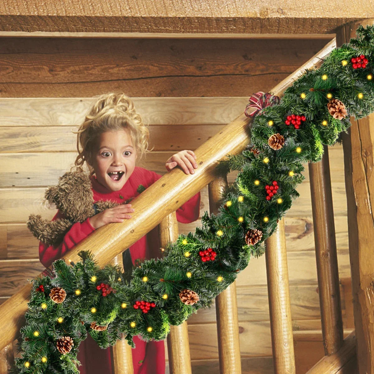 Christmas LED Rattan Wreath with Pine Cones & Red Berries – Artificial Xmas Garland for Tree, Door & Banner Decoration