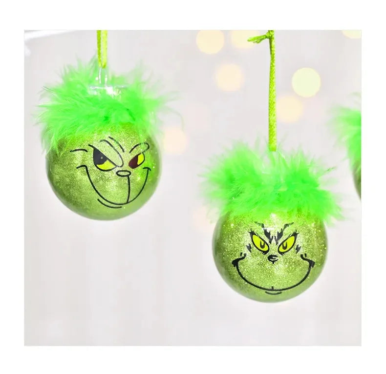 12pcs Grinch Cat Face Christmas Ball Ornaments: 6cm Green Carnival Fruit Pendant Tree Decorations for Holiday Festivities