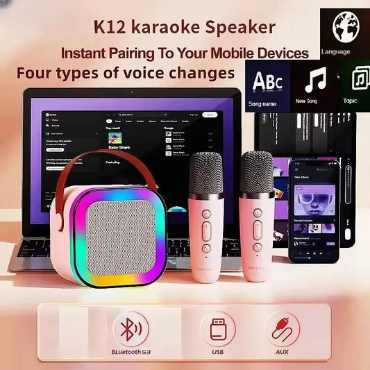 K12 Bluetooth Karaoke Machine: Portable 5.3 PA Speaker System with 2 Wireless Microphones, Home & Family Singing, Perfect Children's Gift