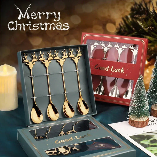 4PCS Christmas Elk Head Stainless Steel Coffee Spoons – Festive Table Decor & Holiday Gifts