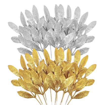 Artificial Glitter Olive Leaves: 1-20PCS Gold and Silver Xmas Tree Ornaments for DIY Christmas Décor, Home, and Party Decorations