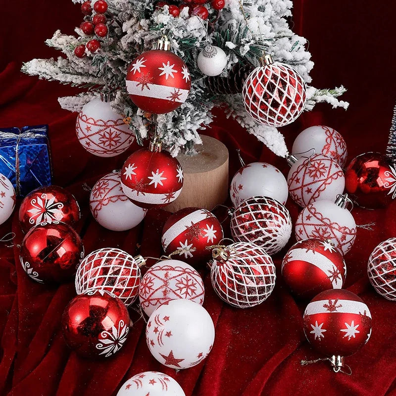 30Pcs Christmas Ball Ornaments Set 6cm Hanging Red Snowflake Star Print Ball Decorations Shatterproof Baubles for Party