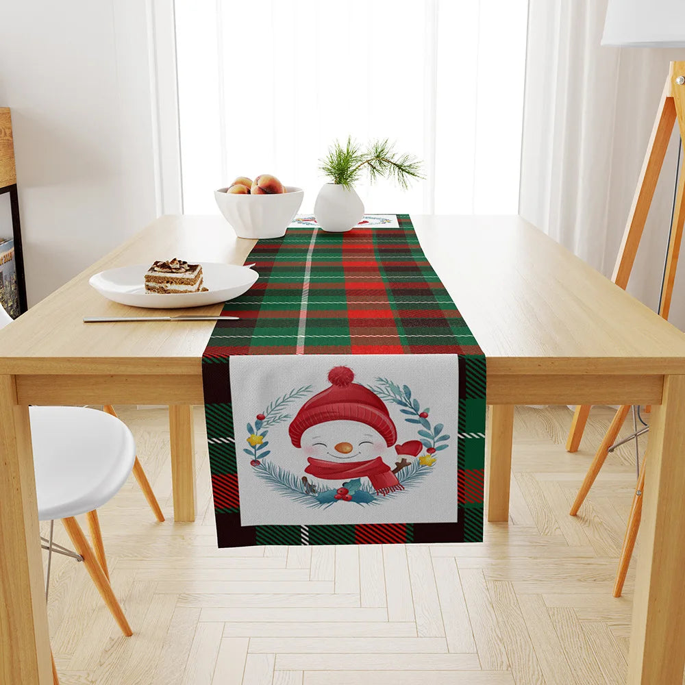 Festive Christmas Table Flag: Linen Print Snowman & Santa Design for Holiday Decor, Durable Polyester Table Mat