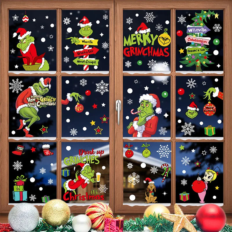 9 Sheets Grinch Window Stickers for Glass: Double-Sided Christmas Décor for Home, School & Office