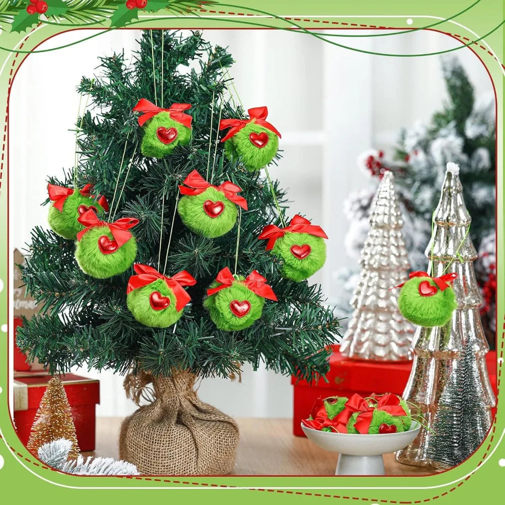 12 Pcs Furry Green Christmas Ball Ornaments: Cute Elf Christmas Decorations with Red Bow for Holiday Tree Decor