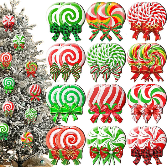 24PCS Christmas Lollipop Ornaments: Hanging Candy Pendants for Xmas Tree, Holiday Décor, and Party Supplies