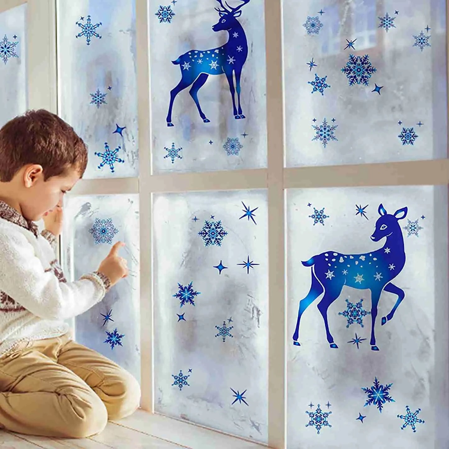 2024 Christmas Snowflake & Elk Window Clings – Blue Festive Stickers for Glass, Window, & Wall Holiday Décor