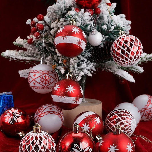 30Pcs Christmas Ball Ornaments Set 6cm Hanging Red Snowflake Star Print Ball Decorations Shatterproof Baubles for Party