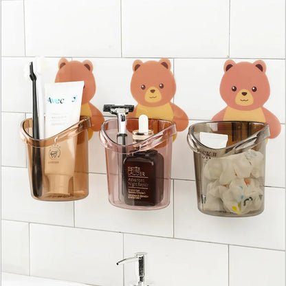 1PCS Teddy Bear Wall-Mounted Toothbrush Holder Cup – Punch-Free Storage Rack for Bathroom Accessories