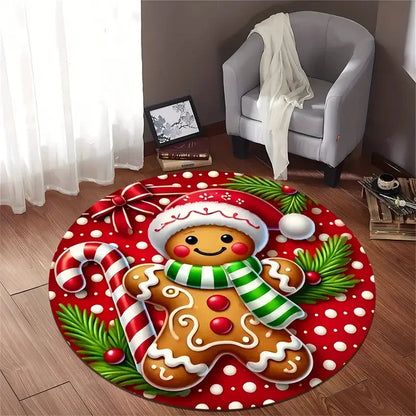 Christmas Gingerbread Round Rugs: Plush Non-Slip Washable Doormat for Children's Room & Holiday Décor