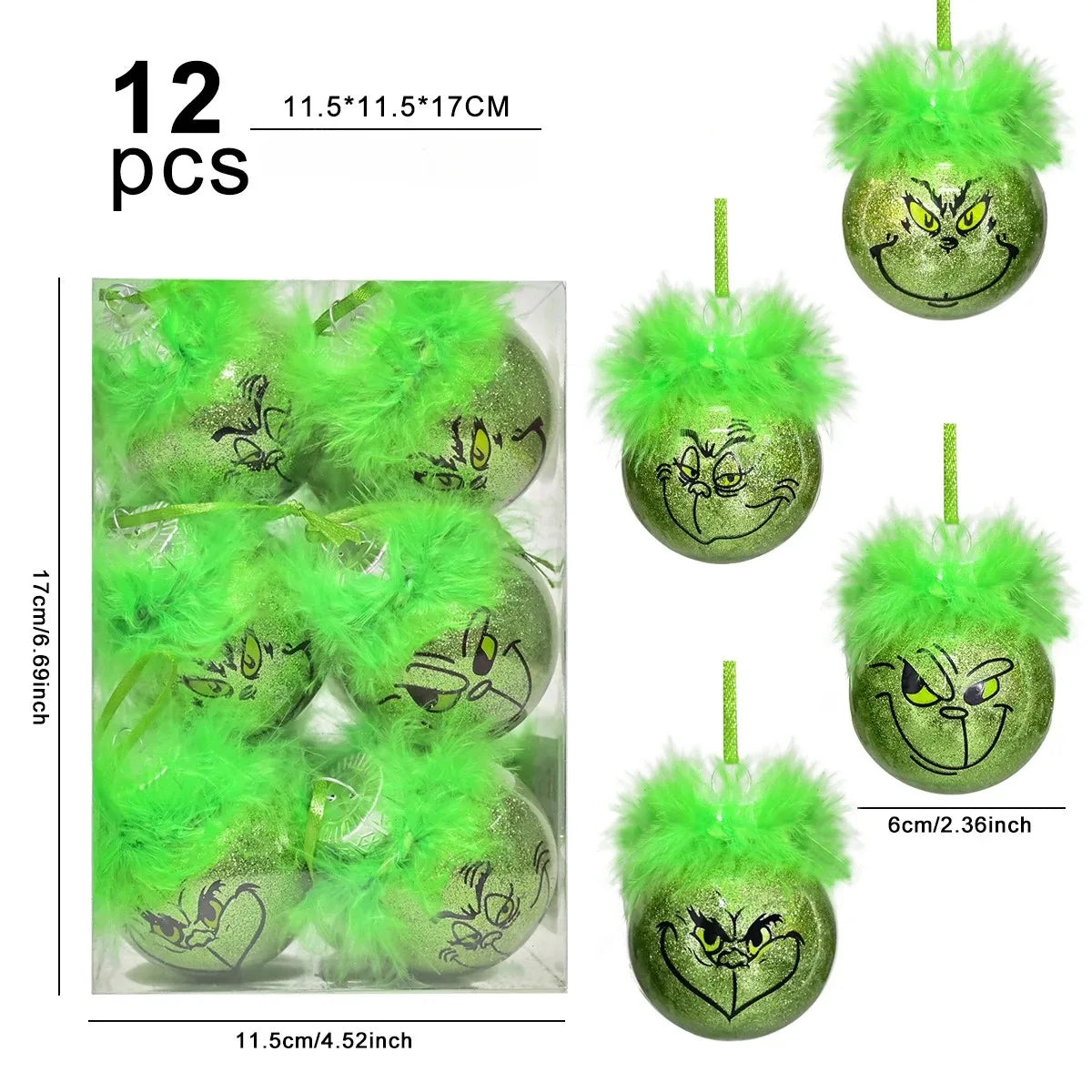 12pcs Grinch Cat Face Christmas Ball Ornaments: 6cm Green Carnival Fruit Pendant Tree Decorations for Holiday Festivities