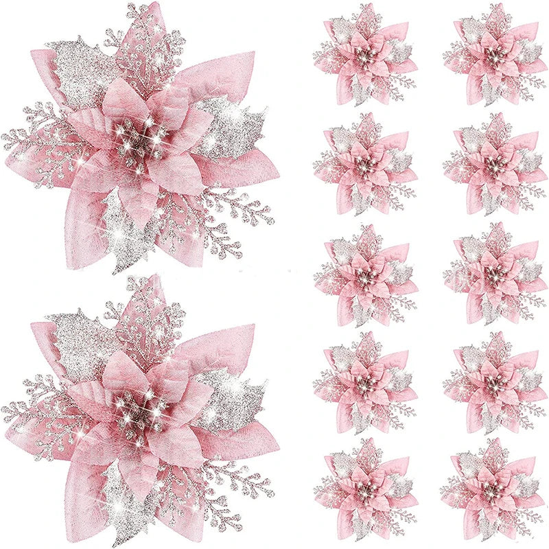 Glitter Artificial Christmas Flowers – 1, 5, or 10pcs, Christmas Tree Decorations, New Year Ornaments, Xmas Fake Flowers