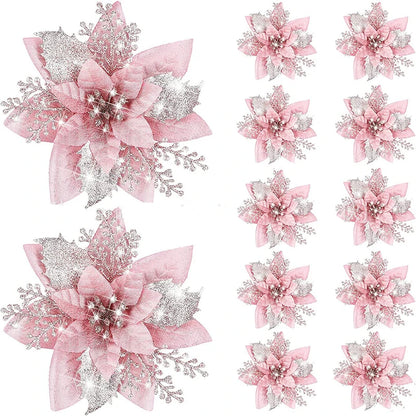 Glitter Artificial Christmas Flowers – 1, 5, or 10pcs, Christmas Tree Decorations, New Year Ornaments, Xmas Fake Flowers