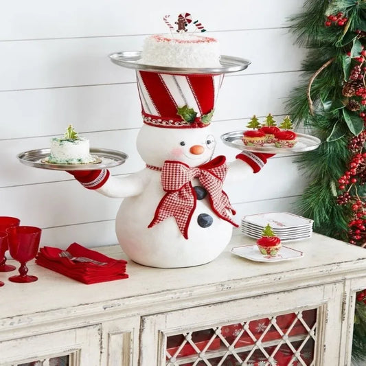 Festive Christmas Snowman Treats Holder with Plate – Resin Christmas Tree Fruit & Snack Stand, Santa Dessert Tray