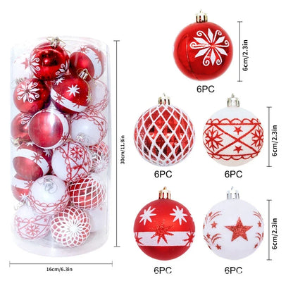 30Pcs Christmas Ball Ornaments Set 6cm Hanging Red Snowflake Star Print Ball Decorations Shatterproof Baubles for Party