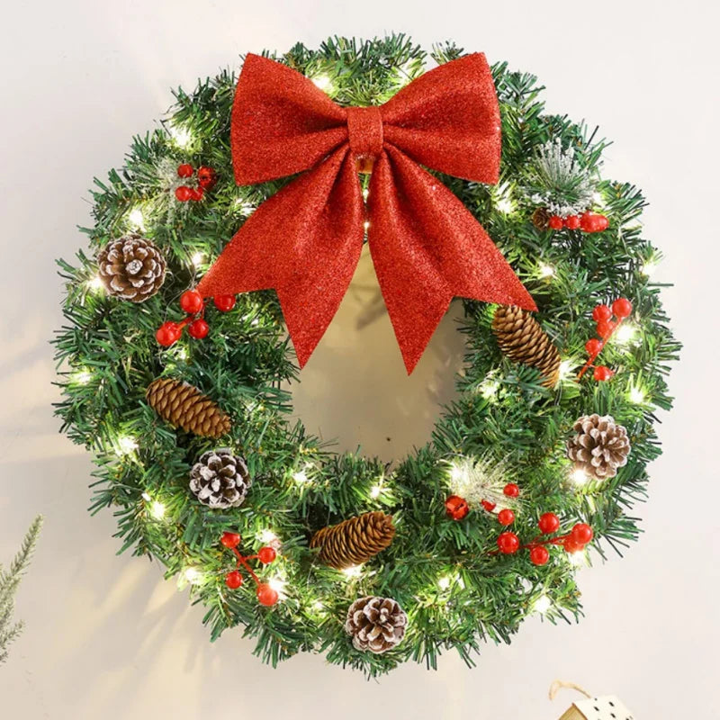 40-60cm LED Rattan Vine Christmas Wreath with Pine Cones – Holiday Garland for Door, Window & Wall Decor