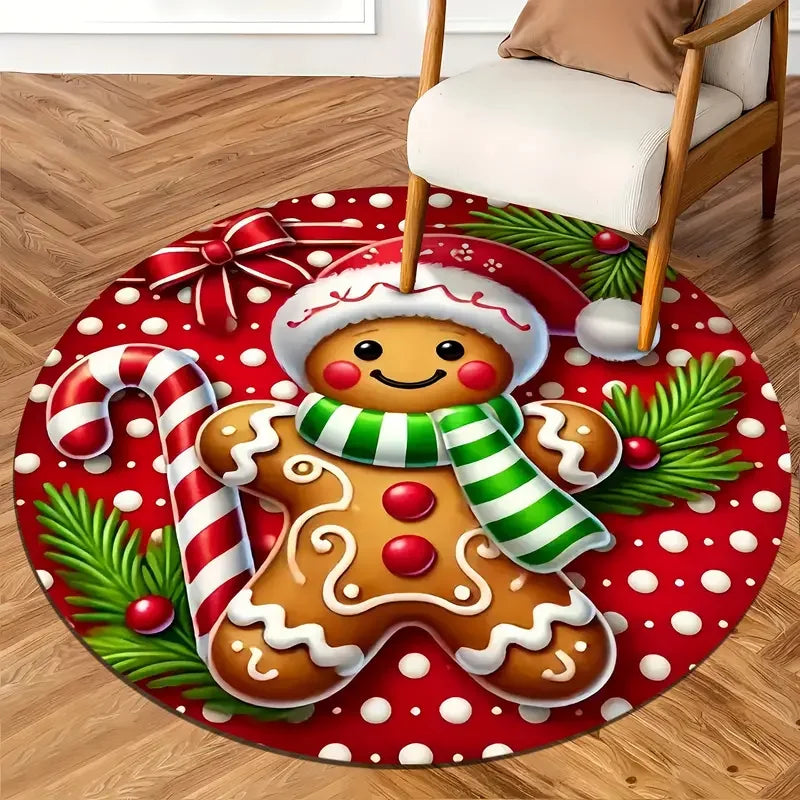 Christmas Gingerbread Round Rugs: Plush Non-Slip Washable Doormat for Children's Room & Holiday Décor