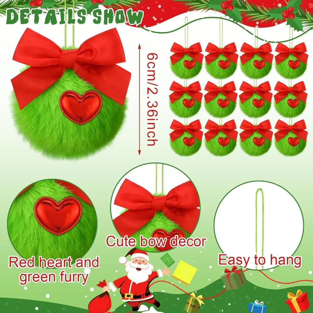 12 Pcs Furry Green Christmas Ball Ornaments: Cute Elf Christmas Decorations with Red Bow for Holiday Tree Decor