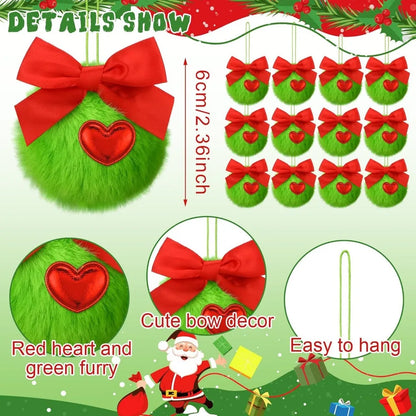 12 Pcs Furry Green Christmas Ball Ornaments: Cute Elf Christmas Decorations with Red Bow for Holiday Tree Decor