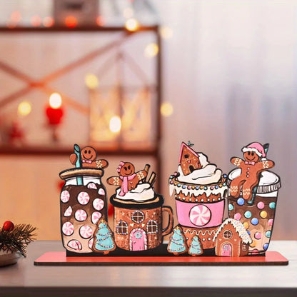 Christmas Gingerbread Coffee Wooden Desktop Ornament – Versatile Home Decor for Christmas Parties & Bookshelves