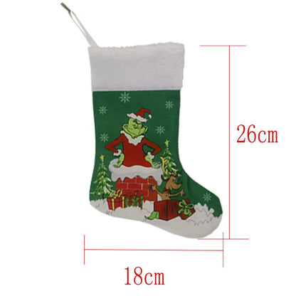 Green Shaggy Christmas Figure Set – Stockings, Tree Skirt, Table Flag & Chair Decorations