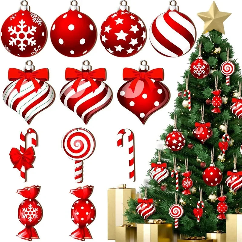 12PCS/24PCS/36PCS Christmas Hanging Décor Set: Candy Cane, Lollipop & Wooden Tree Ornaments for Festive Holiday Home Decor