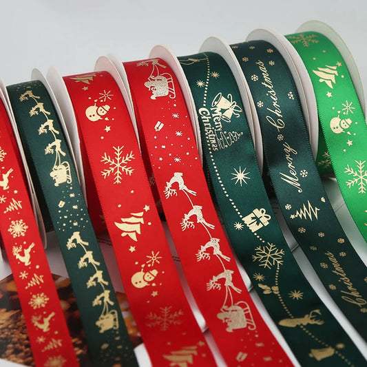 5 Yards 25mm Christmas Grosgrain Ribbon – Bronzing Printed Polyester Ribbon for DIY Decorations, Gift Wrapping & Holiday Crafts